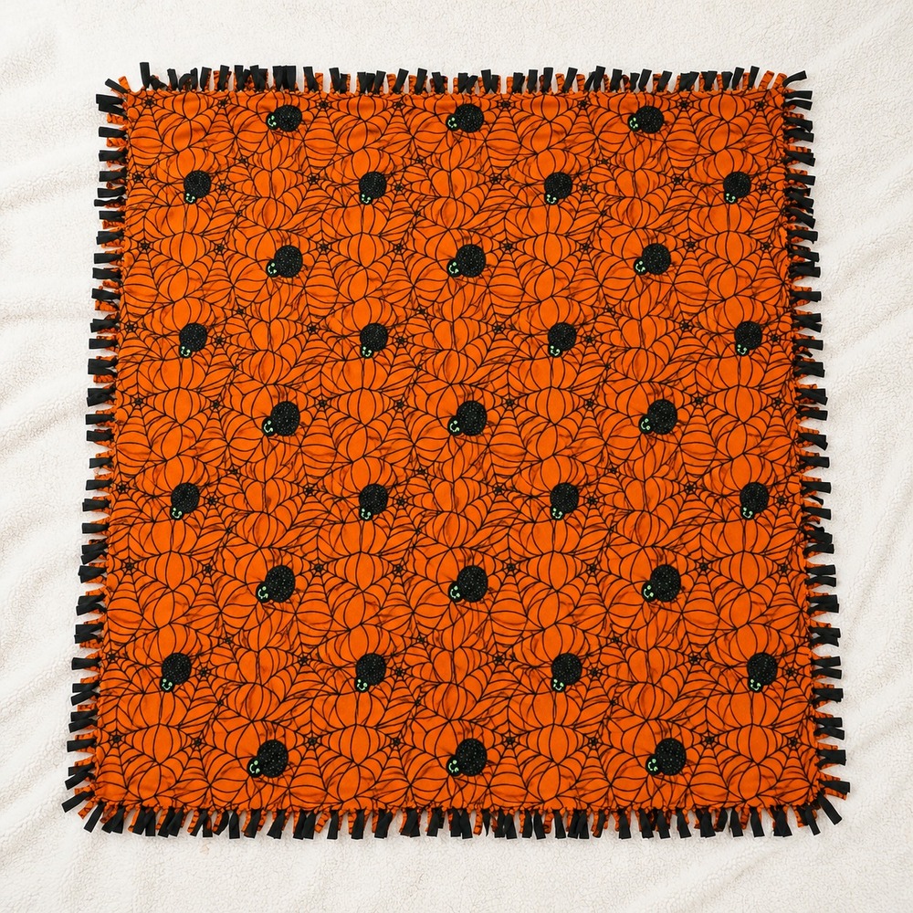 Handmade Halloween Blanket Large Fleece Orange Black Green Spider Web Fringe